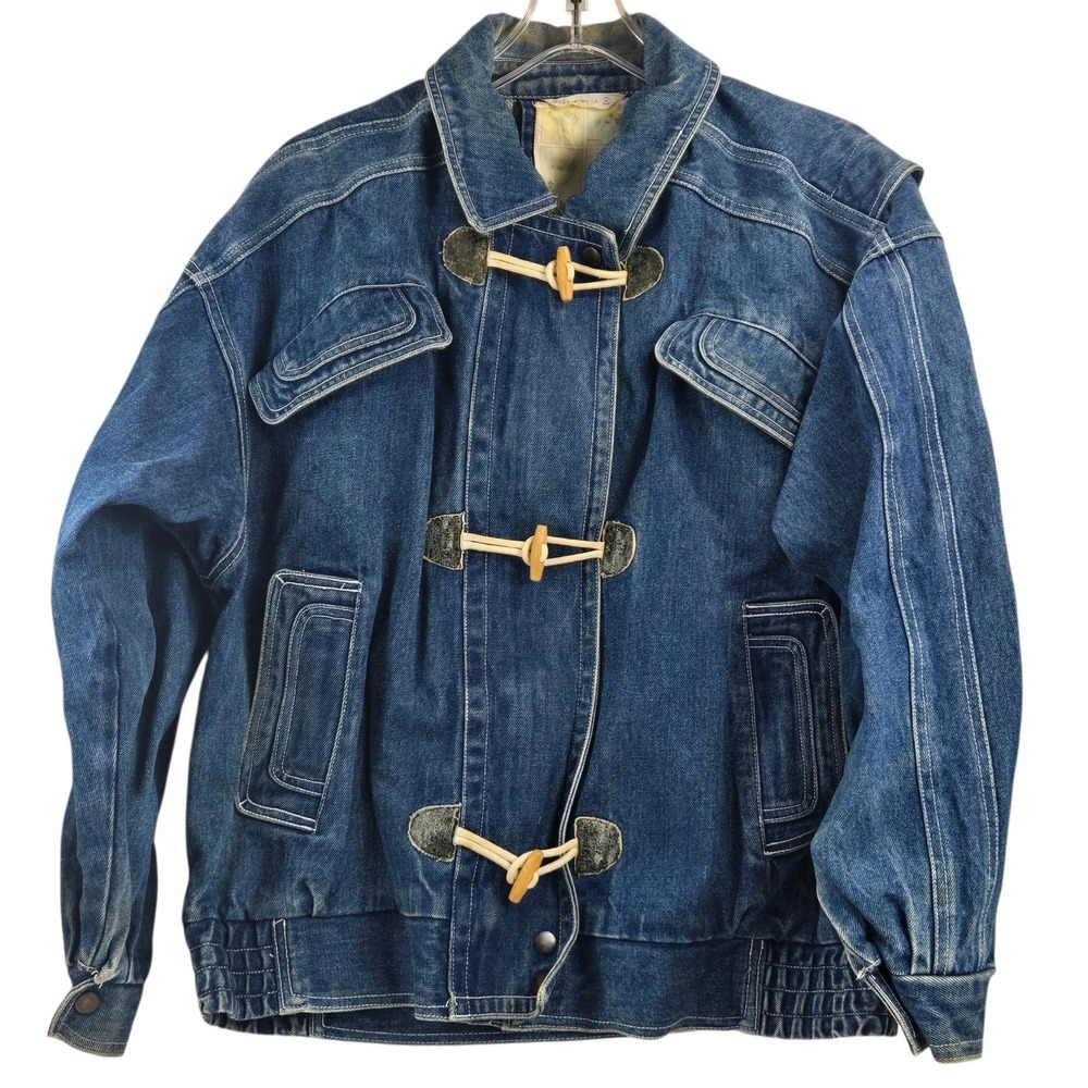 Vtg 80s Gitano Denim Bomber Jacket Toggle Button Flap Pocket Distressed Blue M